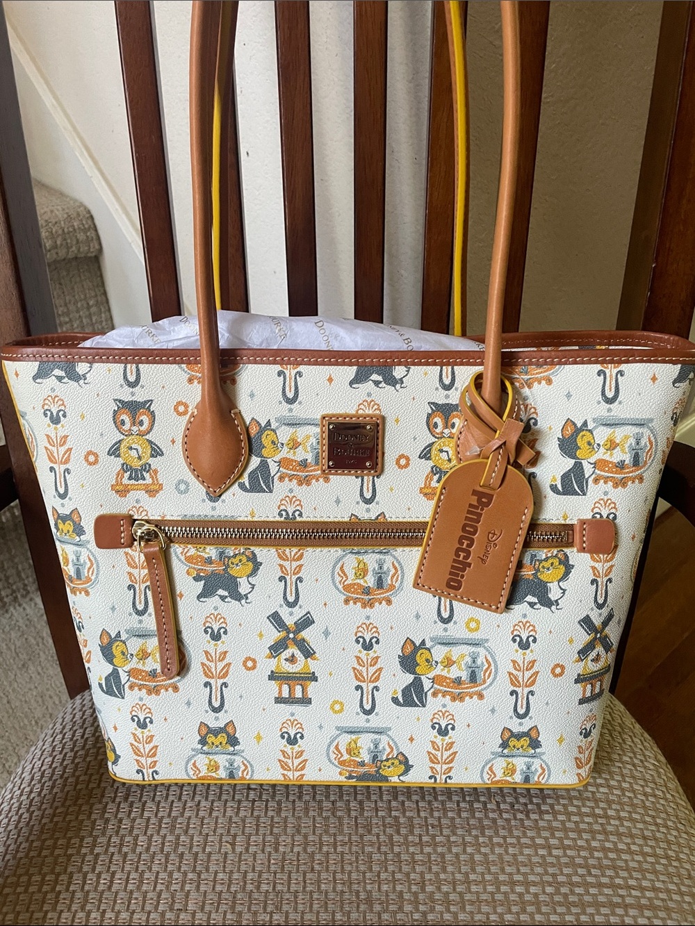 Disney Dooney & Bourke Pinocchio Cream Printed Tote with Tan Trim and Yellow